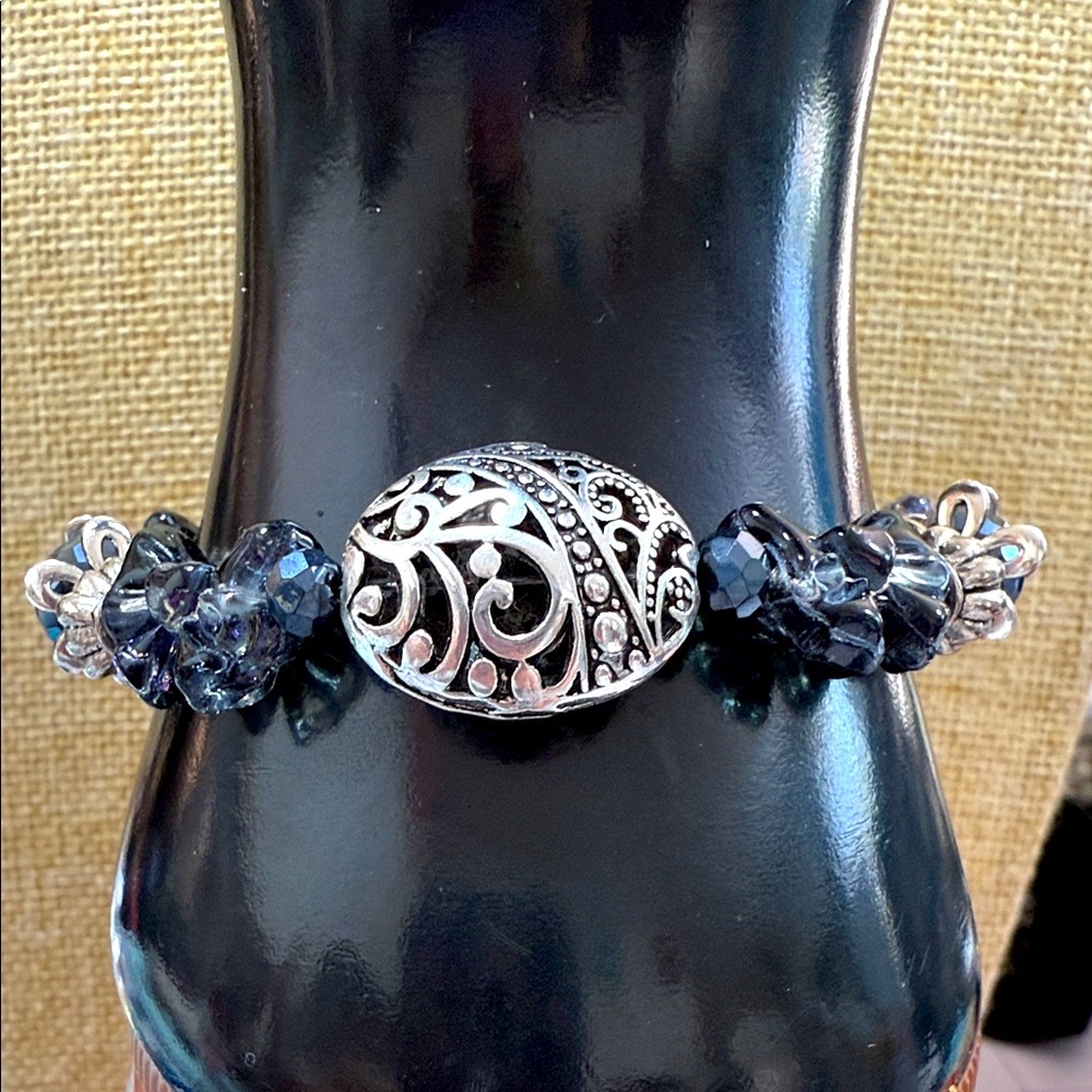Silver Tone Midnight Blue Bow Bracelet